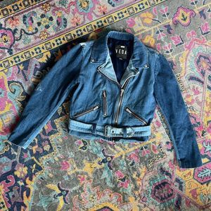 VEDA Cropped Denim Trio Biker Jacket (As seen on Rent the Runway)